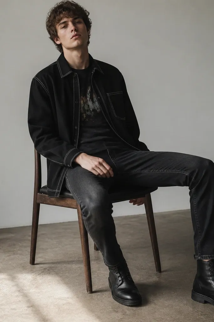 A model wears a black overshirt with visible white contrast stitching along seams. A band tee peeks underneath. The jeans are dark and tapered with slight wear at the thighs. The boots are black lace-ups.