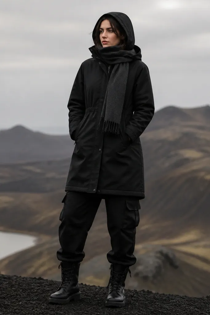 A model wears a long black parka with a slightly cinched waist. A dark scarf wraps around the neck with ends hanging forward. The pants are black cargo pants with a relaxed fit. Black waterproof boots and a hood are visible.