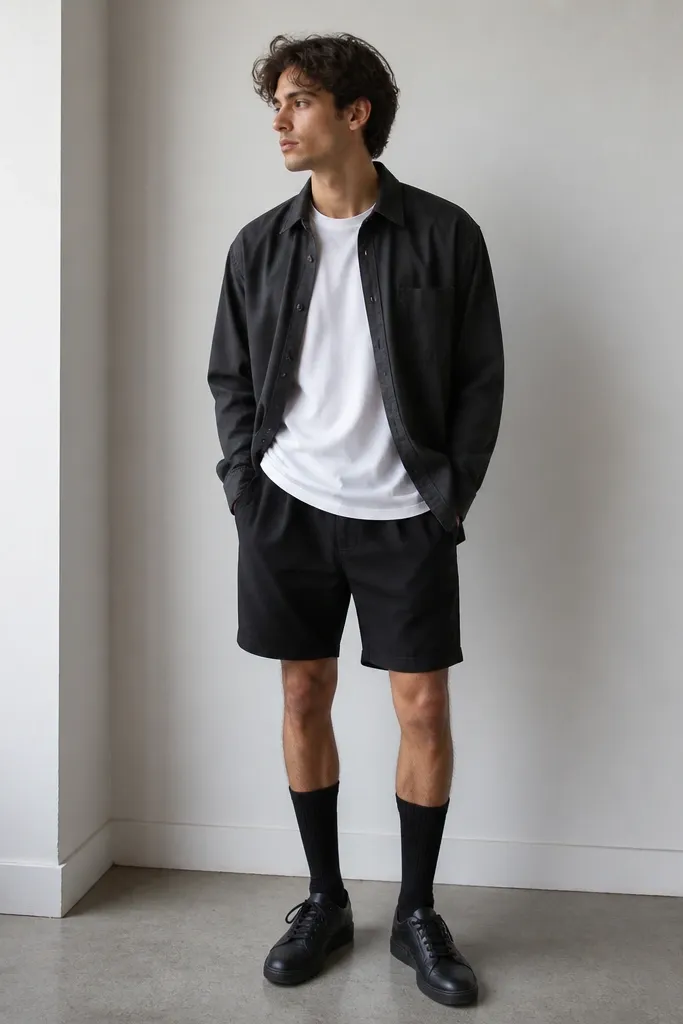 A model wears a lightweight off-black flannel shirt open over a white tee. The bottoms are black shorts that hit mid-thigh. Tall black socks reach below the knee, and black leather sneakers are shown.
