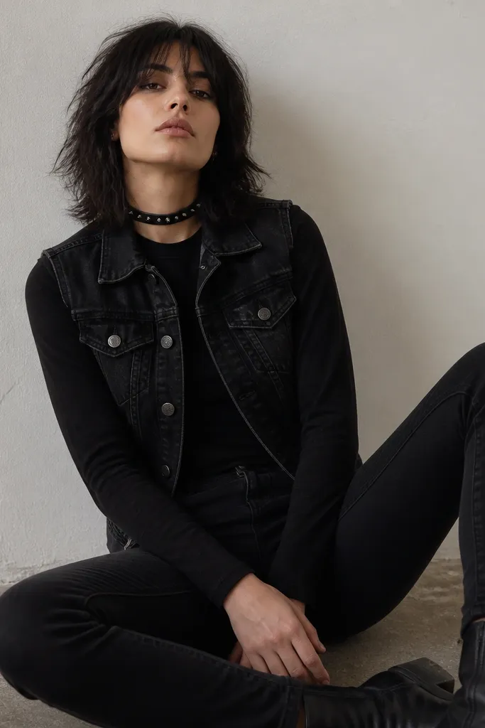 A model wears a black denim vest over a dark long sleeve shirt. The vest has metal buttons and worn seams. A studded black choker sits high on the neck. The jeans are black and slim. Black boots are visible.