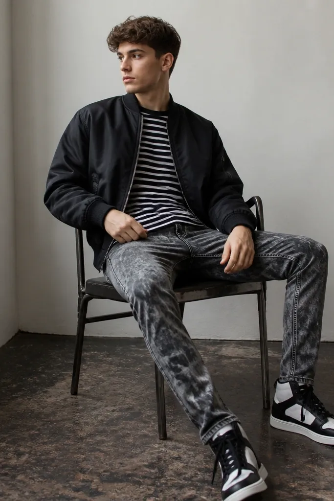 A model wears a black bomber jacket with ribbed cuffs. Under it is a striped black-and-white tee. The jeans are acid-washed with light grey swirls on black. The shoes are black and white high-top sneakers.
