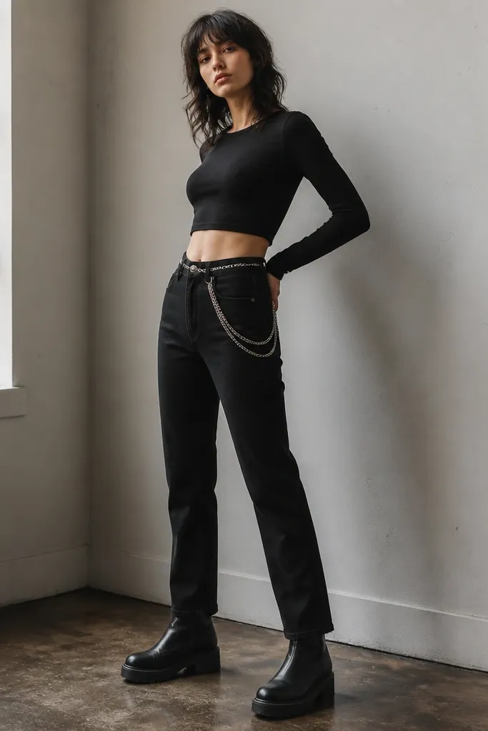 A model wears a cropped long sleeve black tee showing a bit of midriff. High-waist black jeans sit at the belt line. A chain belt drapes from the waist to the side. The shoes are black platform boots.