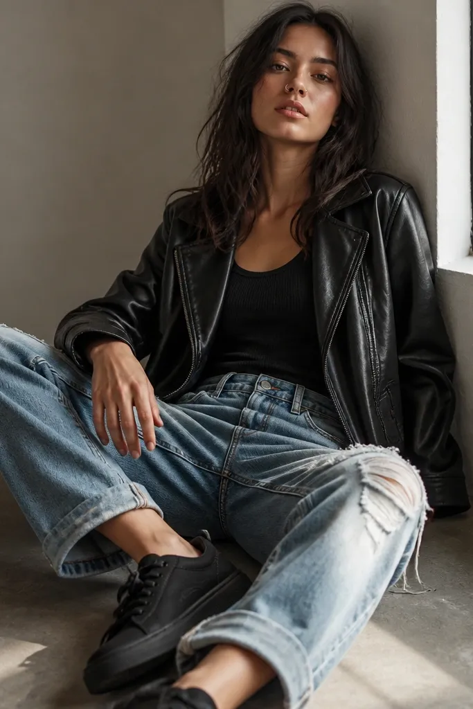 A model wears a black faux leather jacket with a slight sheen but matte texture. Under it is a ribbed black tank. The jeans are distressed with frays and a looser boyfriend fit through the thigh. Black sneakers and a silver nose ring are visible.