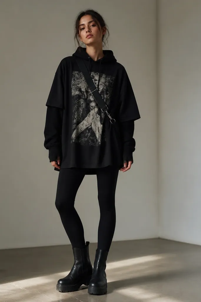 A model wears an oversized black graphic tee layered over a black hoodie. The pants are black skinny leggings. The outfit is completed with chunky black boots and a crossbody strap.