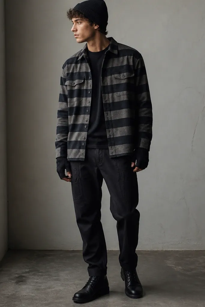 A model wears a grey-and-black striped overshirt layered over a black tee. The pants are dark work pants with a tapered leg and slightly heavy fabric. Fingerless black gloves are on the hands. Black boots and a beanie complete the outfit.