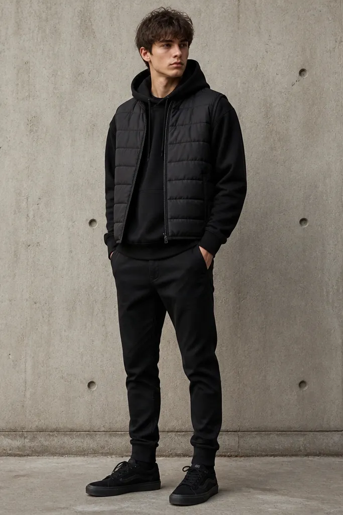 A model wears a black quilted vest over a black hoodie. The pants are a hybrid between joggers and jeans - dark fabric with a tapered fit. The shoes are black skate-style sneakers.