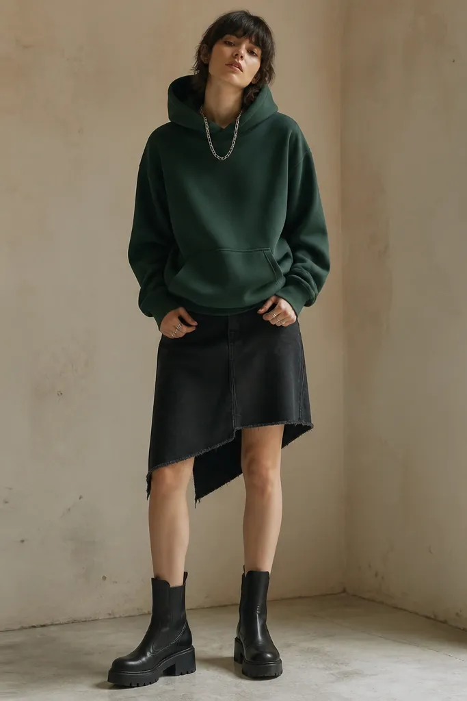 The model wears a dark green hoodie and a black denim piece with an asymmetrical hem that falls above the knees. The boots are black with a chunky sole. A chain necklace and rings are visible.