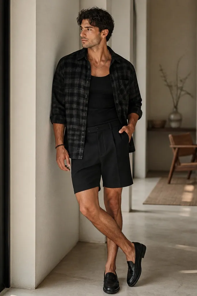A model wears a black button-up flannel left open over a black tank. The shorts are black and mid-thigh. The shoes are black slip-on loafers. A thin chain necklace and a wristband are shown.