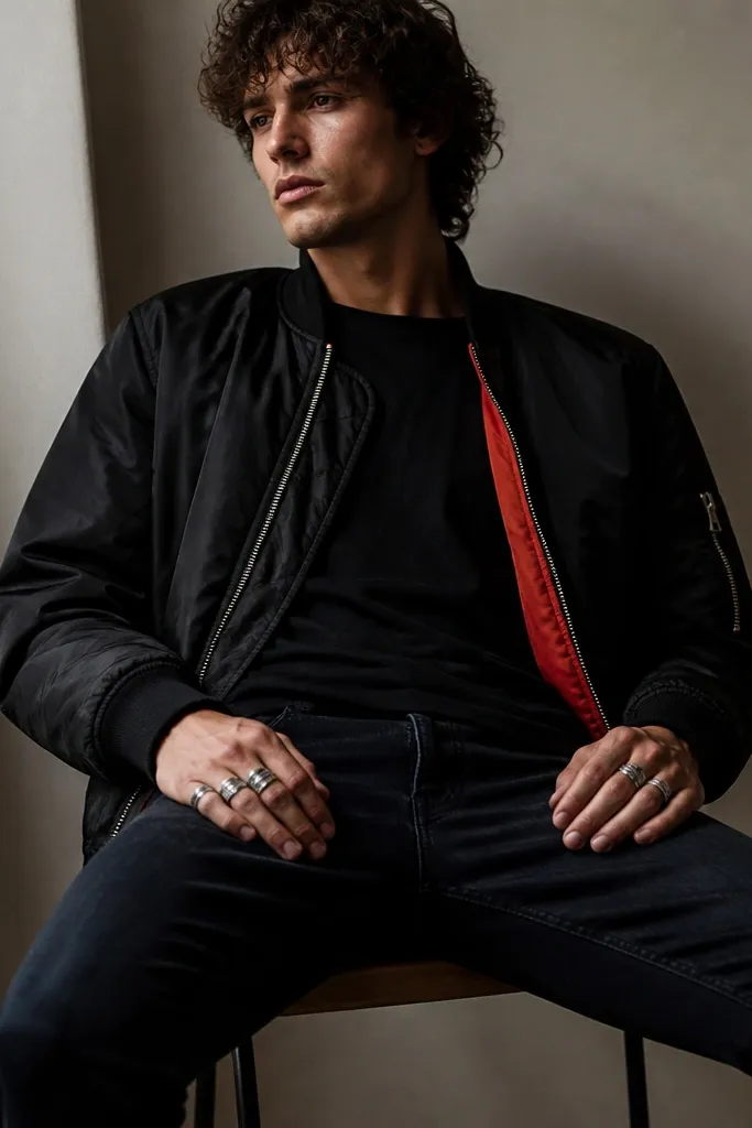 A model wears a black bomber jacket with red lining peeking from the open zipper. Under it is a black tee. The pants are cigarette-fit jeans in dark wash. Silver rings stack on the fingers.