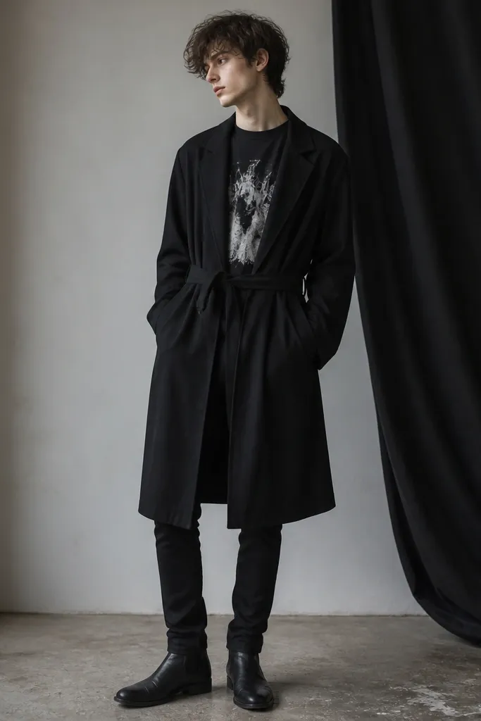 A model wears a long sleeve black tee with a band graphic across the chest. Over it is a black trench-style coat with a belt tied at the waist. The pants are slim black and the shoes are black leather boots.