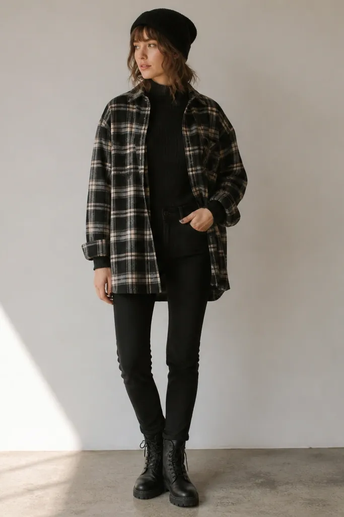 A model wears a black turtleneck under an oversized plaid shirt. The plaid shirt hangs open and covers the hips. Black jeans and lace-up black boots are shown. A dark beanie sits on the head.