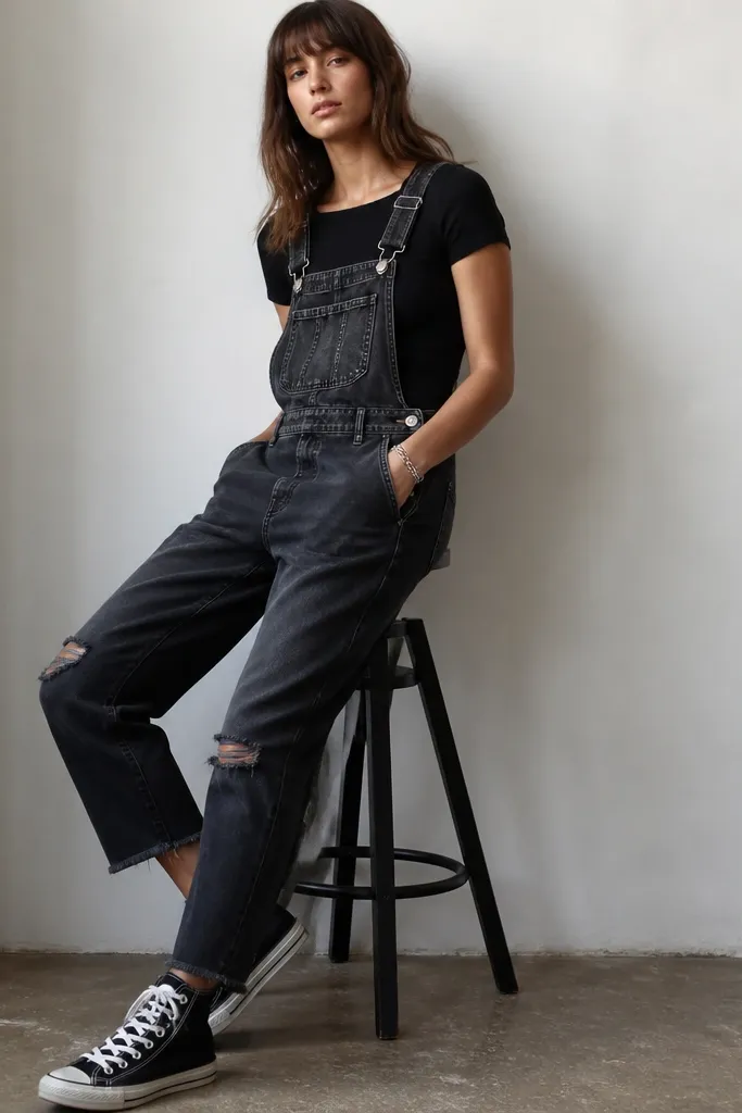 A model wears washed black denim overalls with adjustable straps. A ribbed black tee is underneath. The overalls have worn knees and slight fraying at the hems. Black high-top sneakers and a chain bracelet are visible.