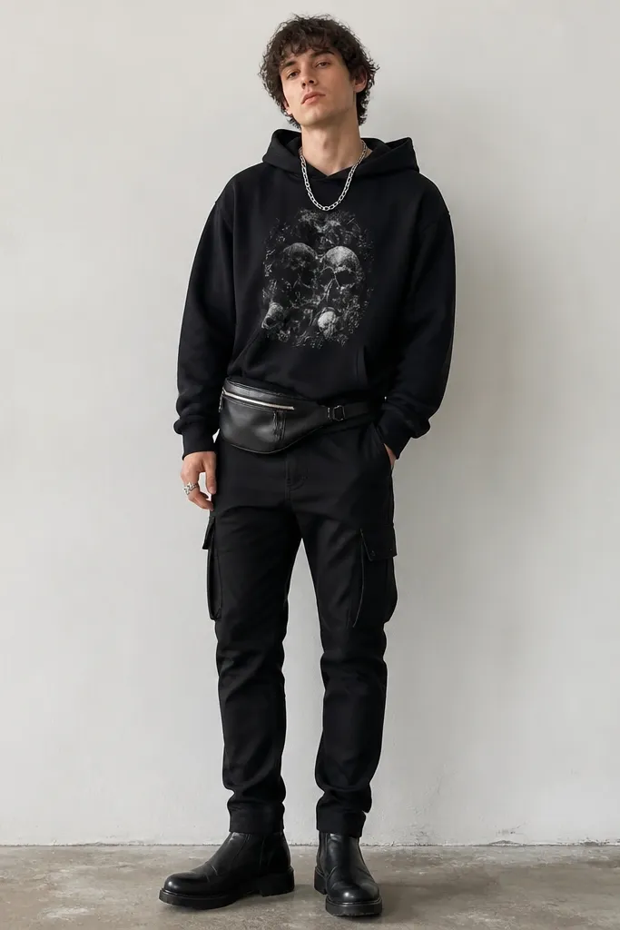 The model wears a graphic black hoodie and slim cargo pants. A black leather belt bag sits across the waist. The shoes are black boots. A chain necklace and rings are visible.