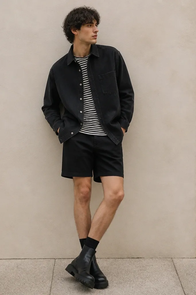 A model wears a black denim shirt open over a striped tee. The stripes peek at the neckline and hem. The shorts are black and mid-thigh. Boots are black and chunky.